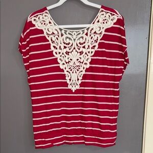 Express Red & Cream Striped Short Sleeve Top with Lace V-Detail Medium